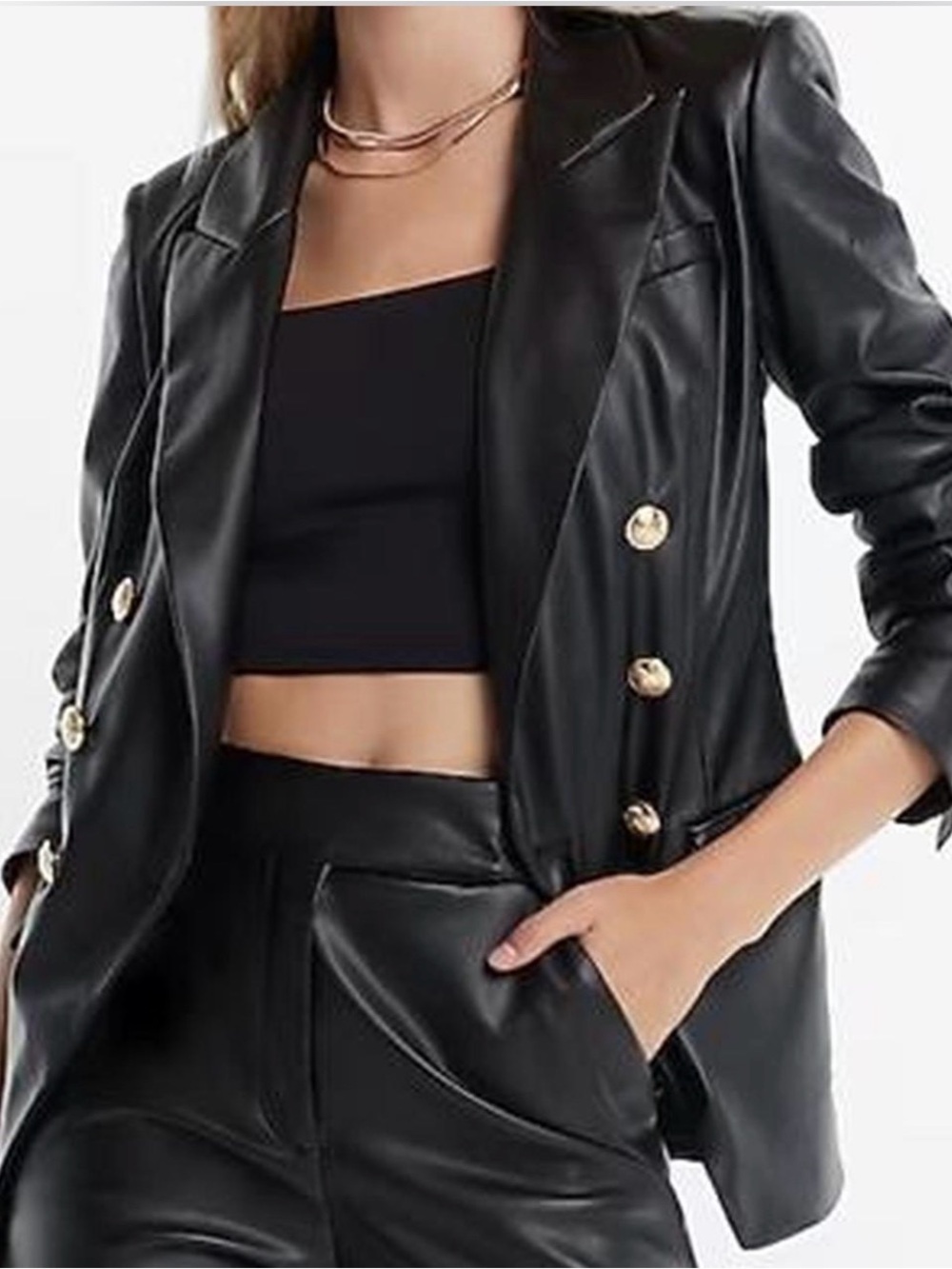 Express Black Faux Leather Double-Breasted Blazer and Pants Set